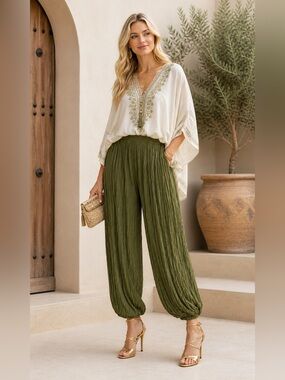Women’s Boho Olive Green Wide-Leg Crinkle Pants Palazzo Harem Pants